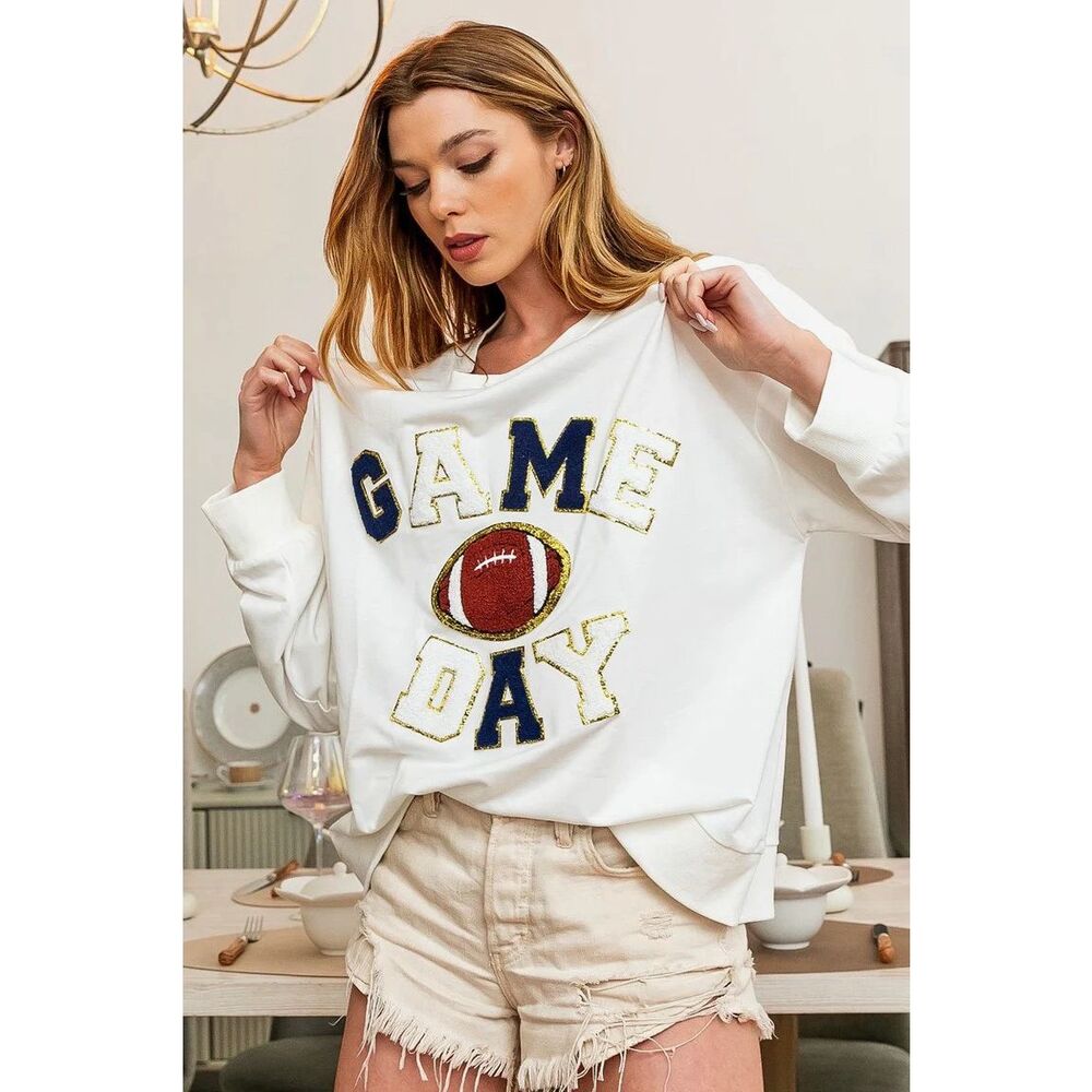 #1007. BiBi White Oversized Football Game Day Patchwork Crew Neck Pullover NWT - Picture 3 of 6
